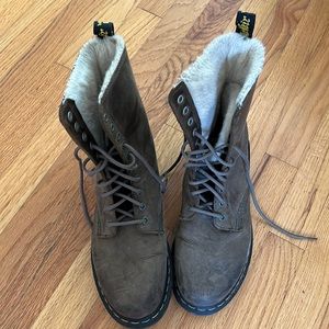 Fur lined Dr Martens in a moss green